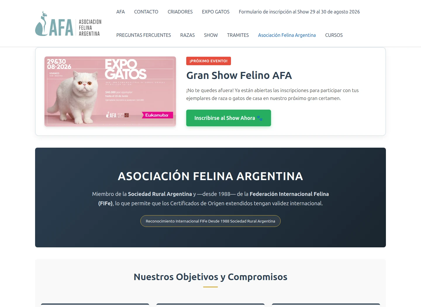 Captura real del sitio original de la Asociación Felina Argentina en WordPress